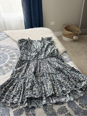 Veronica Beard Ikat Tiered Ruffle Sundress in Navy and White